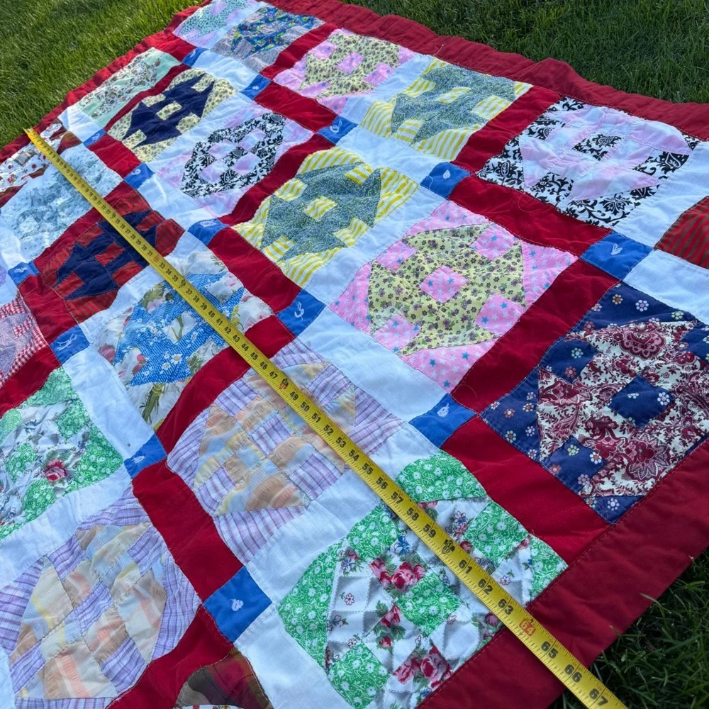 B+ Handmade Patchwork Quilt Churn Dash Scrap Floral Red Blue White 66x65 Vintage